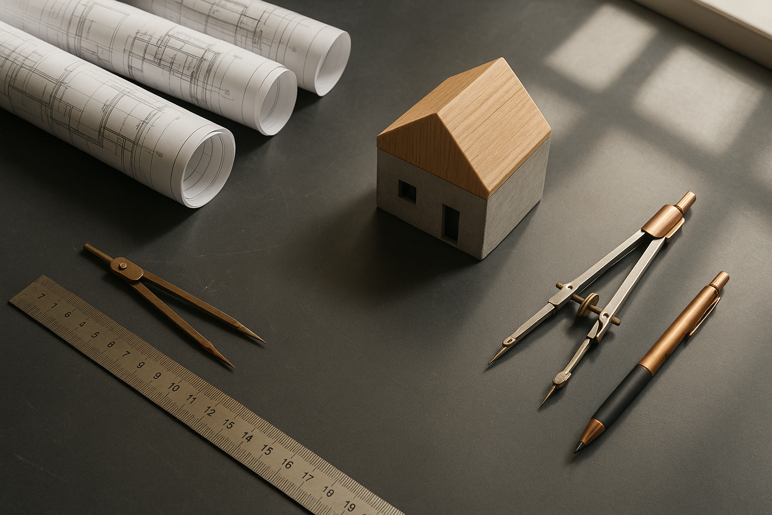 Plano arquitectónico sobre escritorio junto a maqueta de estudio en tonos grises y cobre