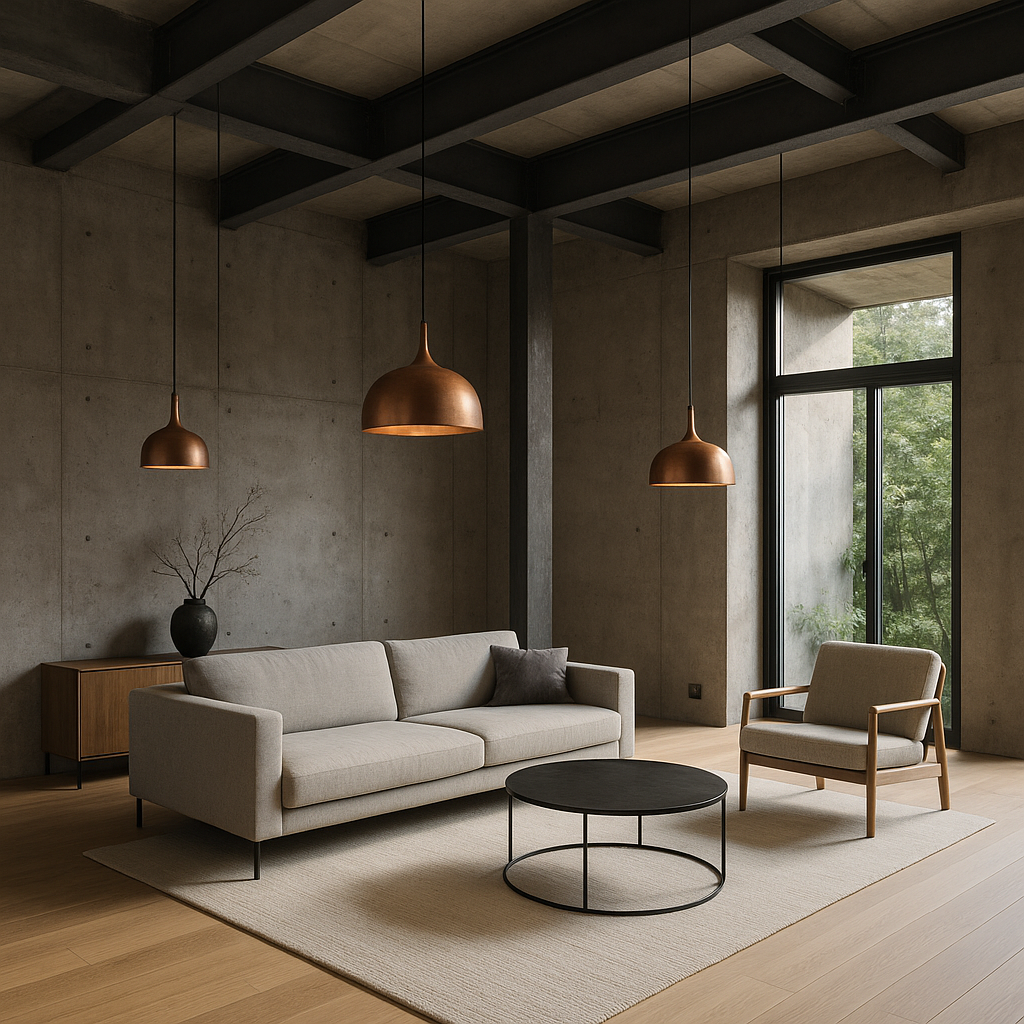 Interior de vivienda contemporánea con vigas de acero y revestimientos en tonos cobre