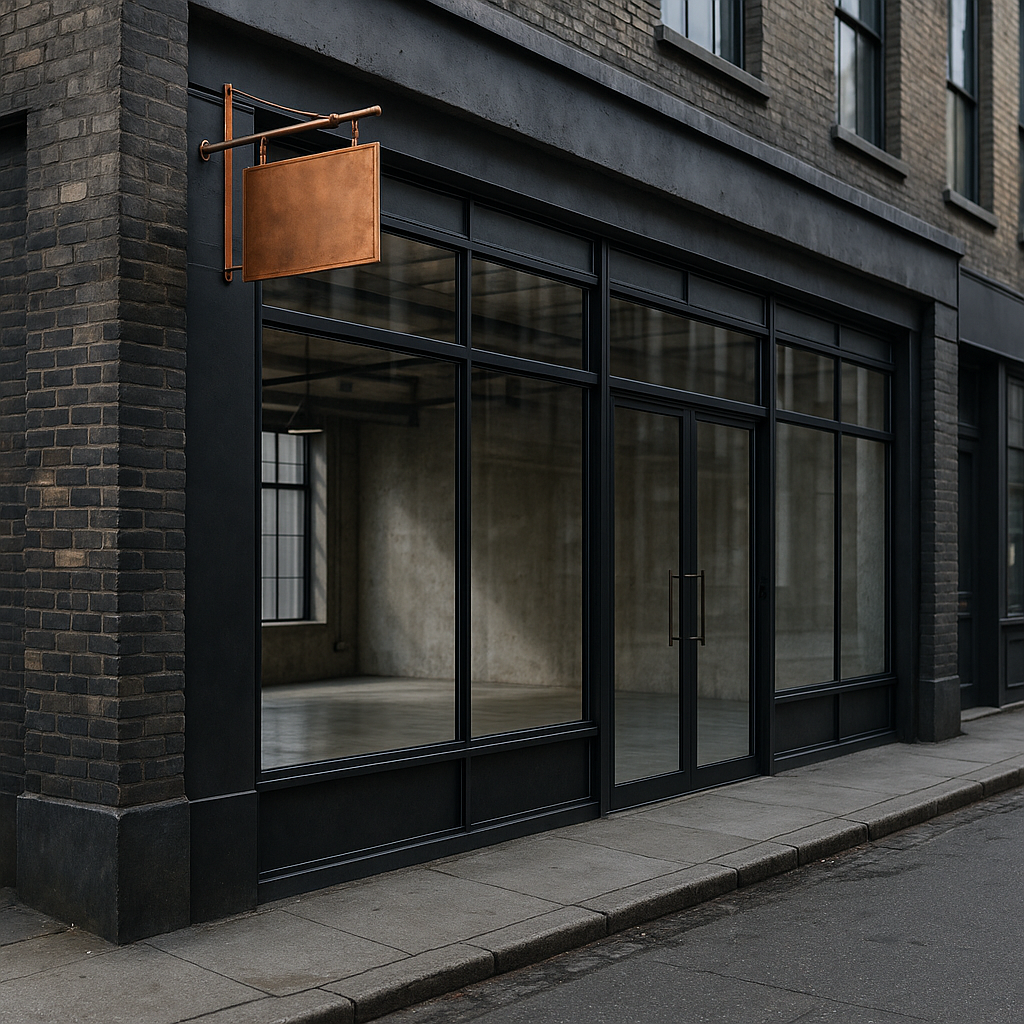 Local comercial renovado con estructura industrial y grandes ventanales