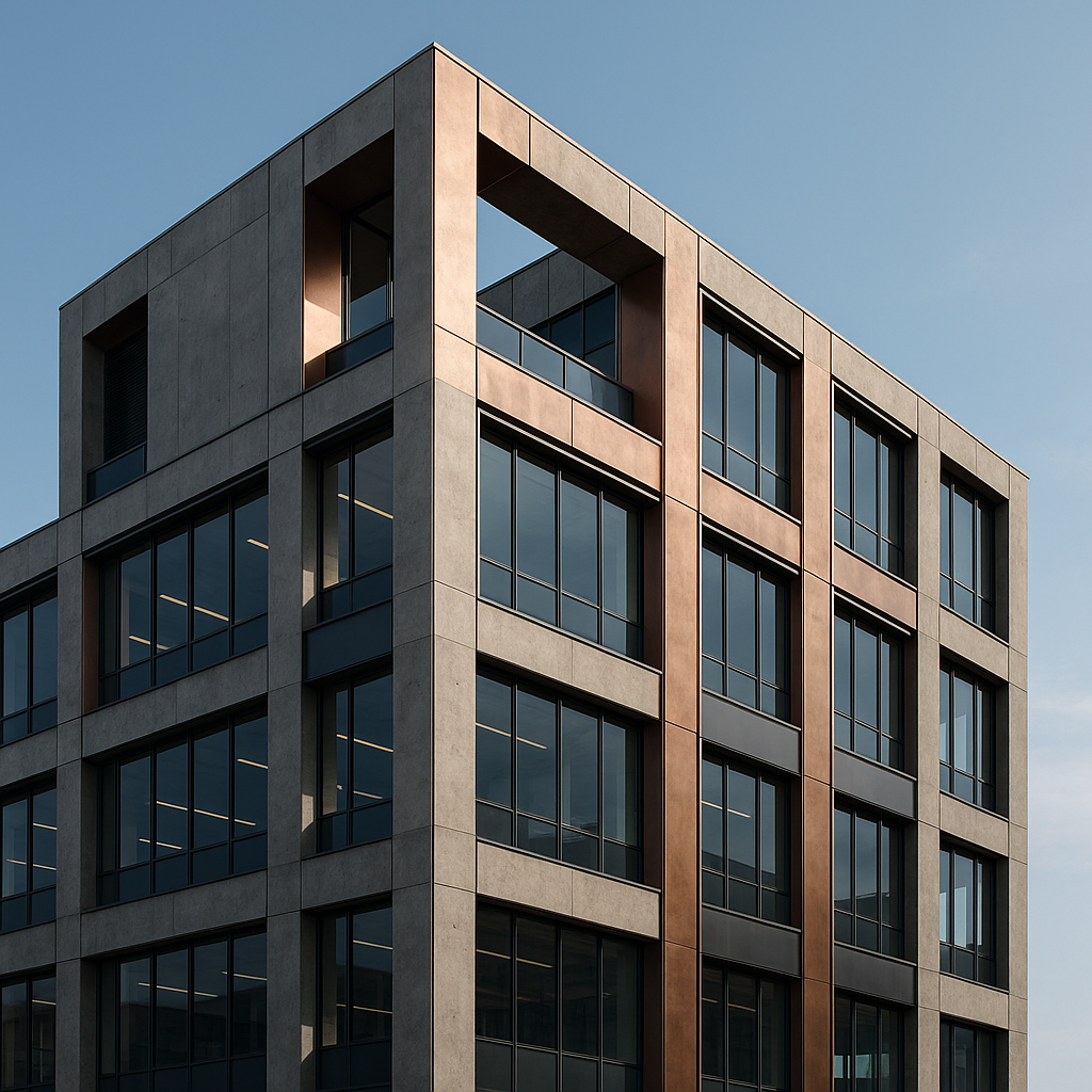 Vista exterior de edificio de oficinas con fachada de hormigón y detalles metálicos