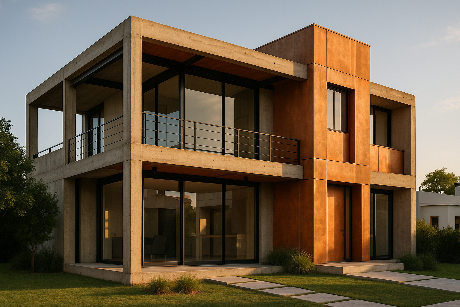 Fachada moderna de una vivienda con estructura de acero y hormigón visto en Córdoba